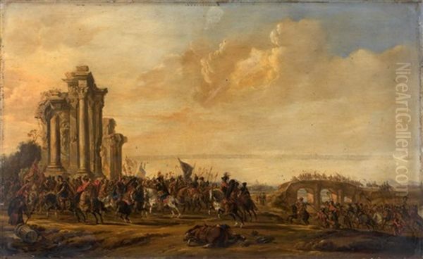 Scene De Combat Pres De Ruines Antiques Oil Painting by Jacob Van Der Ulft