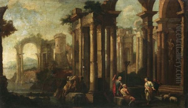 Italienische Ruinenlandschaft Mit Hirten Am Brunnen by Jacob Van Der Ulft