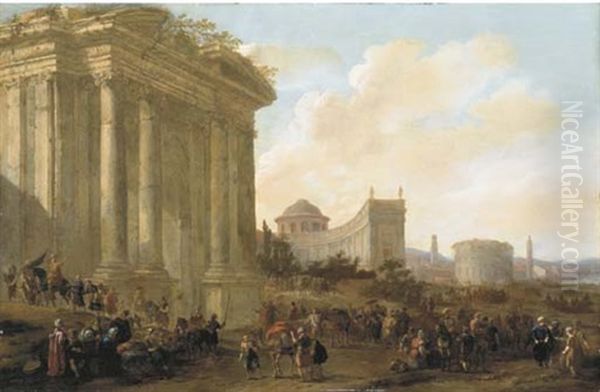 A Capriccio Of Classical Architecture In A Town With Soldiers And Oriental Merchants, A Bridge And Mountains Beyond Oil Painting by Jacob Van Der Ulft