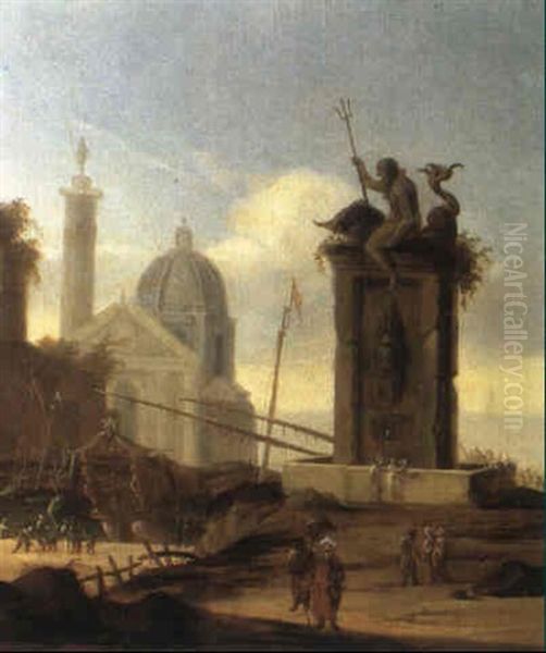 Sudlicher Hafen Mit Einem Steinernen Neptunsbrunnen Und     Einem Prunkvollen Segelschiff by Jacob Van Der Ulft