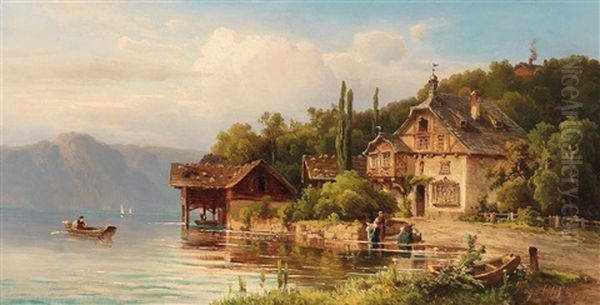 Washerwomen On The Lake Shore Oil Painting by Hugo Ullik