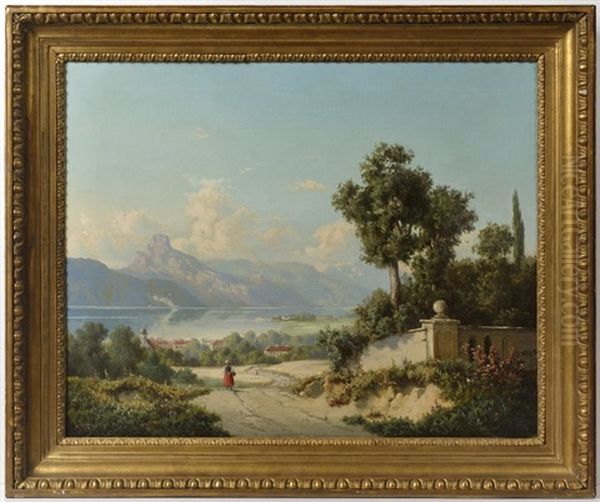 Landscape With The Traun Lake By Gmunden Oil Painting by Hugo Ullik