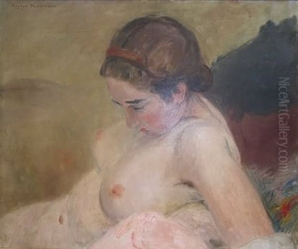 Portrait Of A Nude Female Reclining On One Elbow With Her Head Tilted Forward Oil Painting by Eugene Paul Ullman