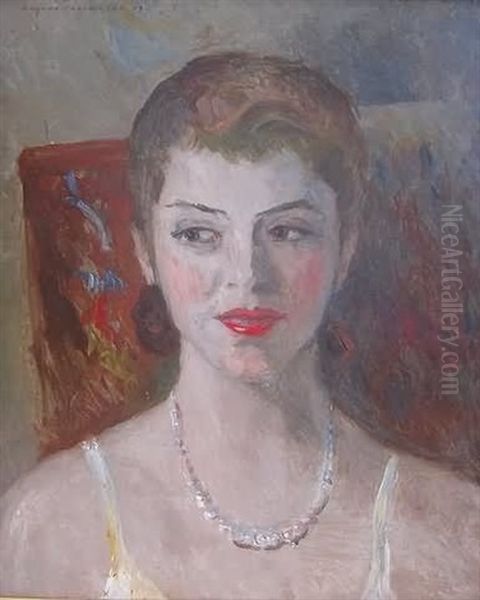 Shoulders-up Portrait Of A Woman Wearing Pearls by Eugene Paul Ullman