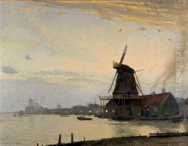 Vue Presumee Du Moulin De Zaandam Au Crepuscule Oil Painting by Raoul Andre Ulmann