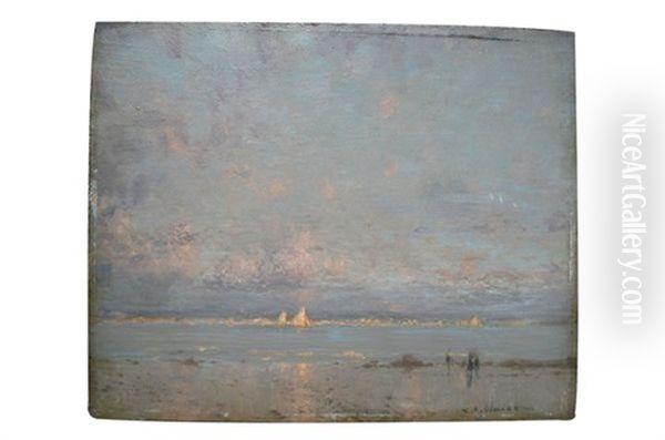 Plage Du Pouliguen Au Crepuscule (+ Voiliers Au Soleil Couchant; 2 Works) Oil Painting by Raoul Andre Ulmann