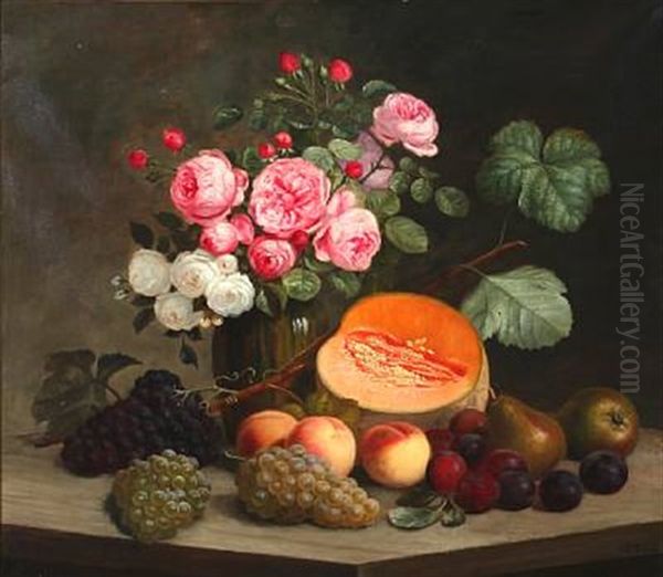 Still Life With Roses And Fruit Oil Painting by E.C. (Emil C.) Ulnitz