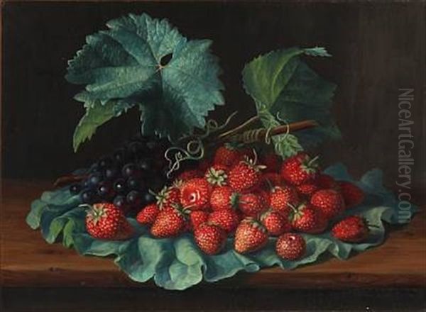 Strawberries And Blue Grapes On A Rhubarb Leaf Oil Painting by E.C. (Emil C.) Ulnitz