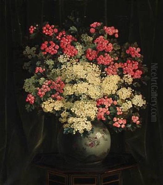 Red And White Hawthorn Branches In A Japanese Vase On A Table Oil Painting by E.C. (Emil C.) Ulnitz