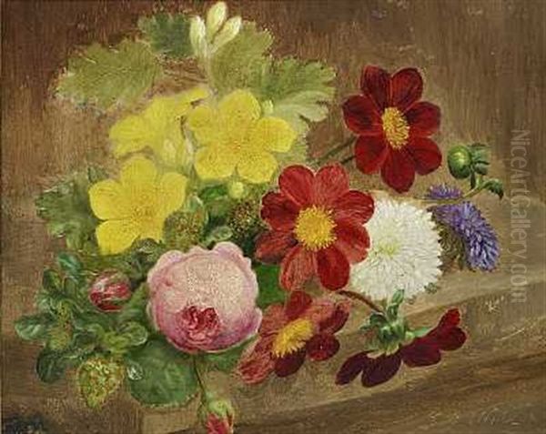 En Broget Buket Blomster Pa En Stenkarm Oil Painting by E.C. (Emil C.) Ulnitz