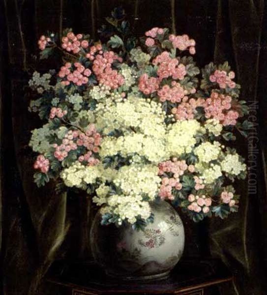 Rod - Og Hvidtjornsgrene I En Japansk Vase Pa Et Bord Oil Painting by E.C. (Emil C.) Ulnitz