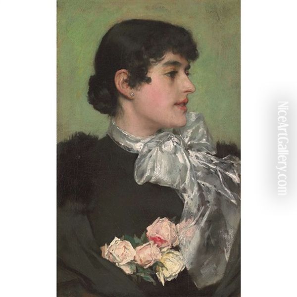 Portrait Of A Woman With Tea Roses Oil Painting by Charles Frederick Ulrich