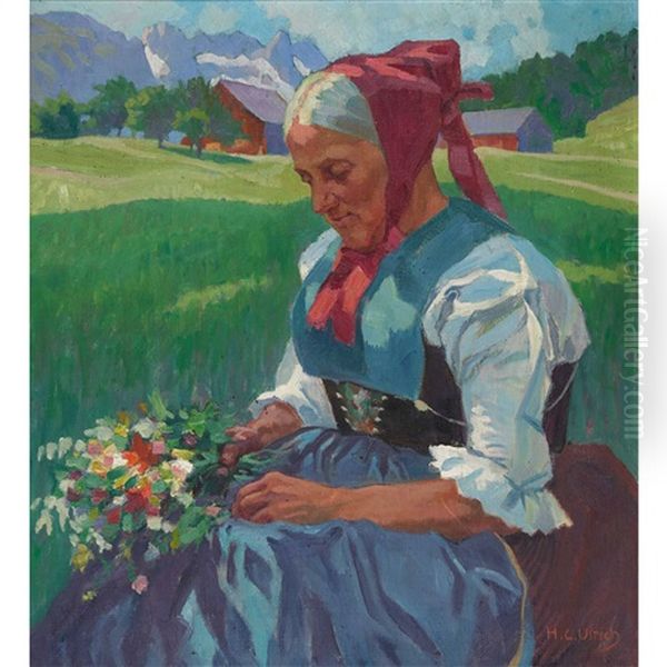 Trachtenfrau Mit Blumenstrauss Vor Alplandschaft Oil Painting by Hans Casper Ulrich