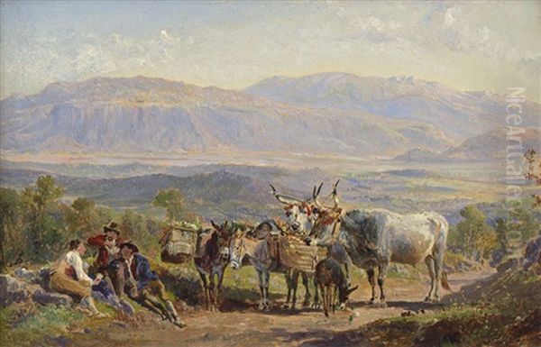 Rastende Bauern Mit Geschmuckten Buffeln Und Mauleseln In Einer Campagnalandschaft Oil Painting by Johann Jakob Ulrich