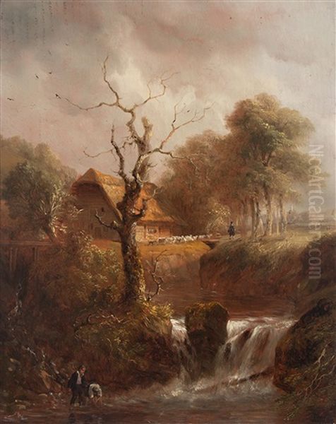 Flusslandschaft Mit Bauernhaus Und Staffage Oil Painting by Johann Jakob Ulrich