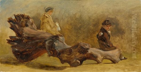 Study Of A Tree Trunk With Two Children Oil Painting by Johann Jakob Ulrich