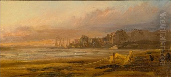 English Coastal Landscape At Sunset Oil Painting by Johann Jakob Ulrich