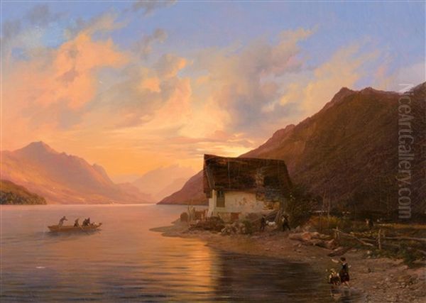 Fischerhaus Am See Bei Sonnenuntergang, 1845 Oil Painting by Johann Jakob Ulrich