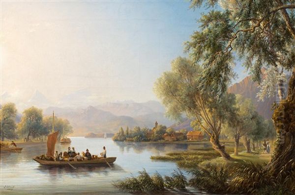 Aareeinmundung In Den Thunersee, Schadau Oil Painting by Johann Jakob Ulrich