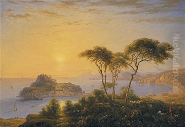 Sestri Levante Bei Sonnenuntergang Oil Painting by Johann Jakob Ulrich