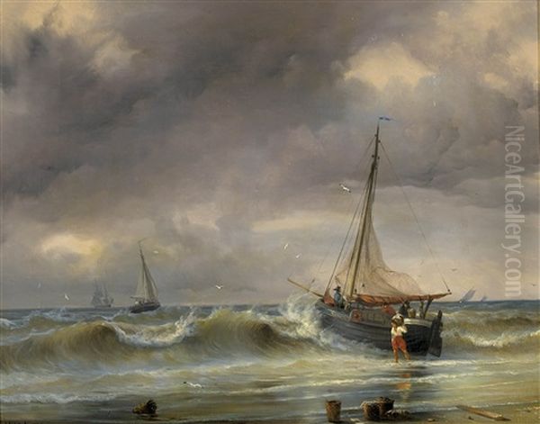 Fischerboot Am Strand Bei Bewegter See Oil Painting by Johann Jakob Ulrich