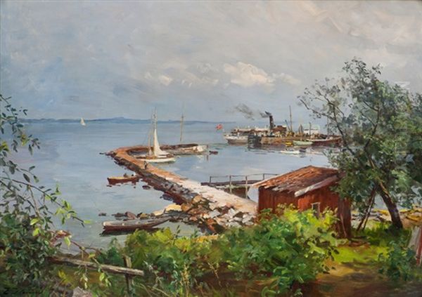 Ferry By Asgardstrand Quay Oil Painting by Even Ulving