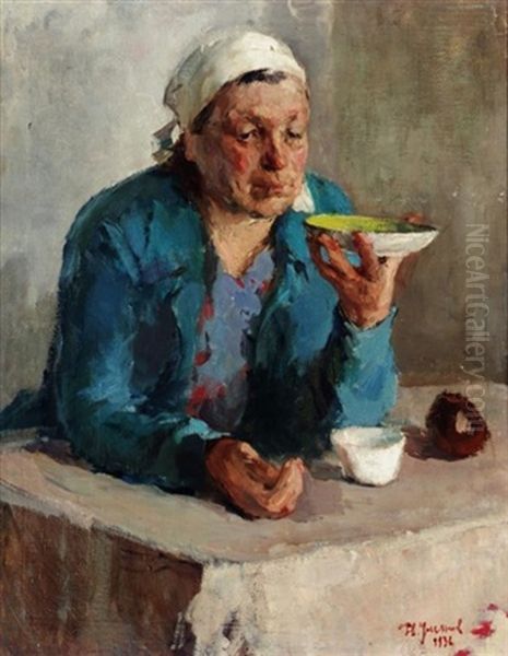 Drinking Tea (+ Portrait Of A Bearded Man, Verso) Oil Painting by Nikolai Pavlovich Ul'yanov