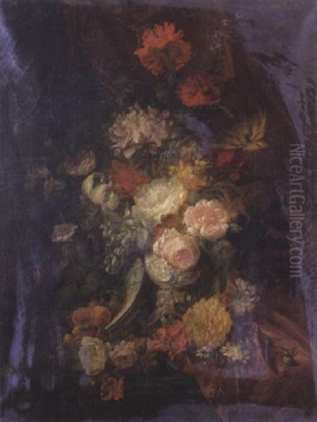 Nature Morte: Vase De Fleurs Et Coupe De Fruits Sur Un Entablement Oil Painting by Apollonius Anton Umpfenbach