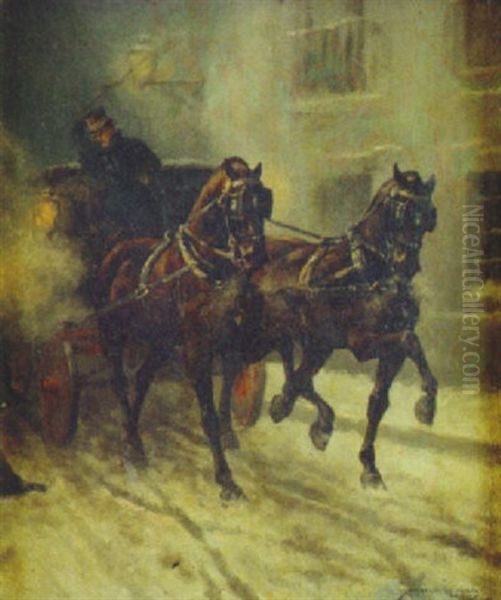 Coche De Caballos En Una Calle Nevada Oil Painting by Marcelino Unceta Y Lopez