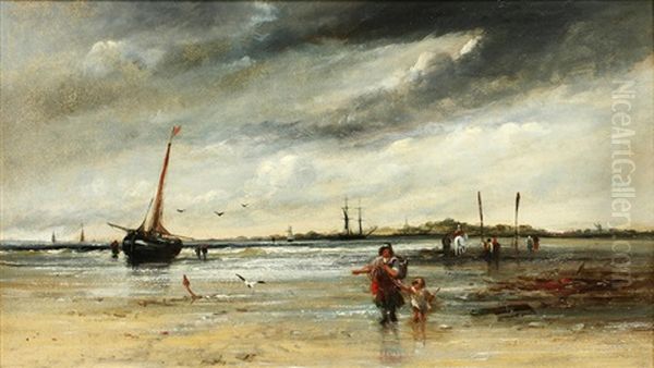 Figures And Vessel On A Beach Oil Painting by Frederick Charles Underhill