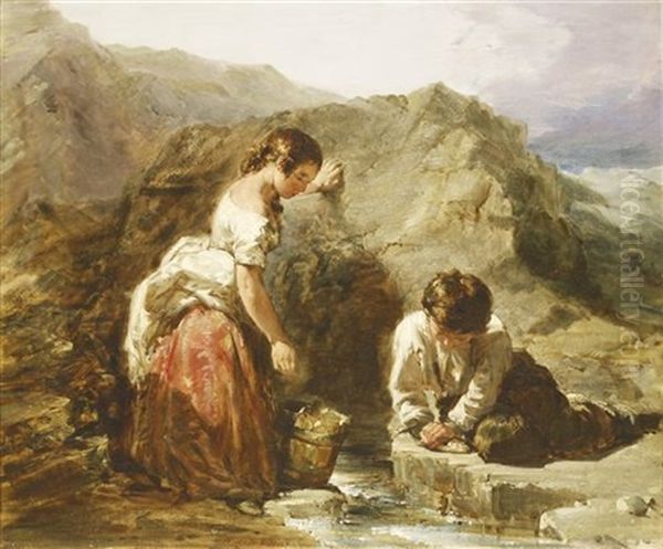 Children Fishing In A Rock Pool Oil Painting by William Underhill