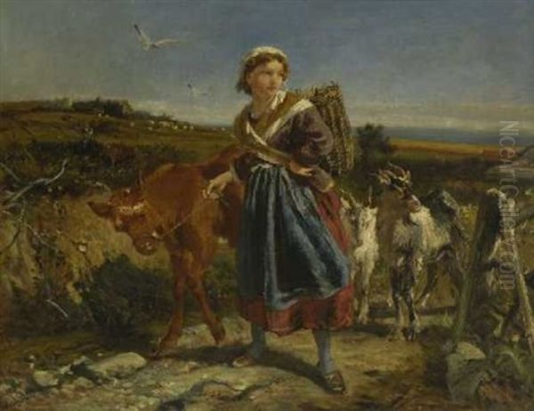 Junge Hirtin Mit Kalb Und Ziegen Oil Painting by William Underhill