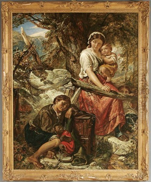 A Young Organ Grinder With His Monkey Resting In A Clearing While A Mother And Her Children Look On Oil Painting by William Underhill