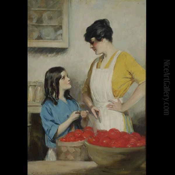 Mother And Daughter Peeling Tomatoes Oil Painting by Clarence Frederick Underwood