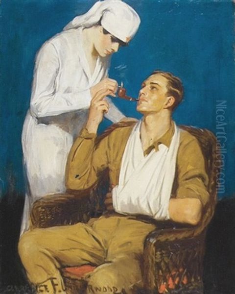 Nurse Lights Pipe For Wounded Soldier (illus. For R.j. Reynolds Tobacco Co.) Oil Painting by Clarence Frederick Underwood