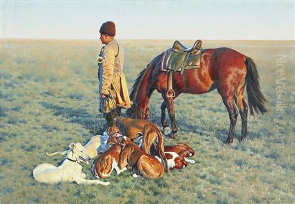 A Cossack With His Horse And Resting Dogs Oil Painting by Hugo Ungewitter