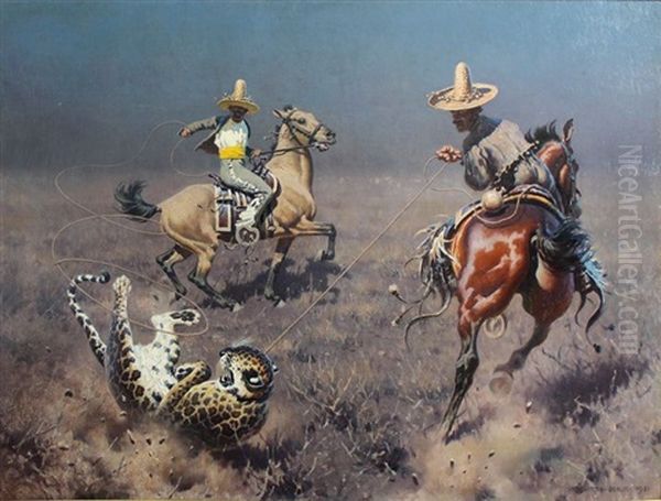 Cavaliers Mexicains Capturant Un Leopard Oil Painting by Hugo Ungewitter