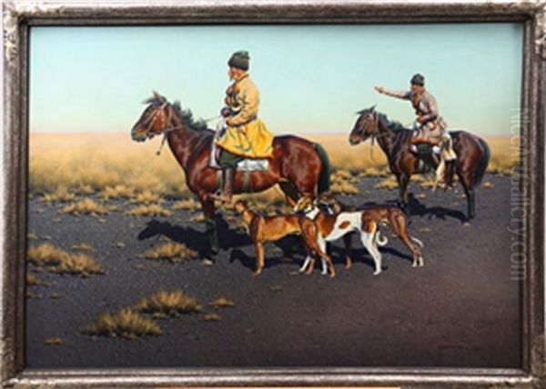 Kosakenreiter In Weiter Landschaft Mit Jagdhunden Oil Painting by Hugo Ungewitter