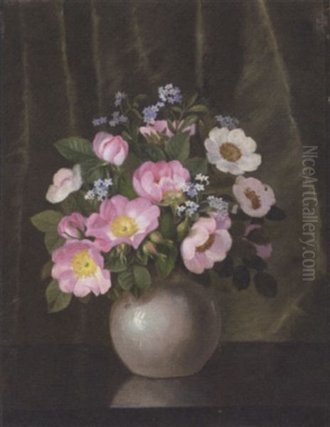 Summer Flowers In A Grey Vase On A Polished Table Oil Painting by Emil Unlitz