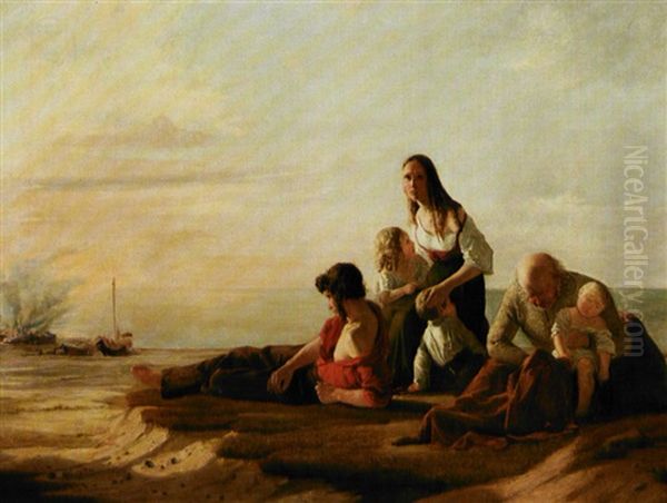 En Brandlidt Fiskerfamilie Oil Painting by Moritz Unna