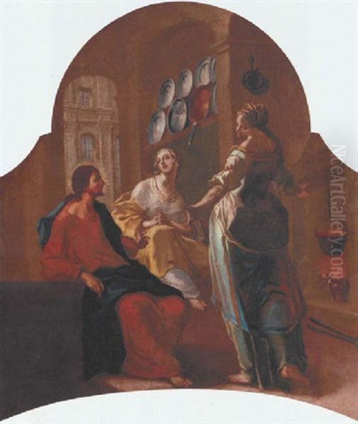 Christ In The House Of Mary And Martha Oil Painting by Christoph Unterberger