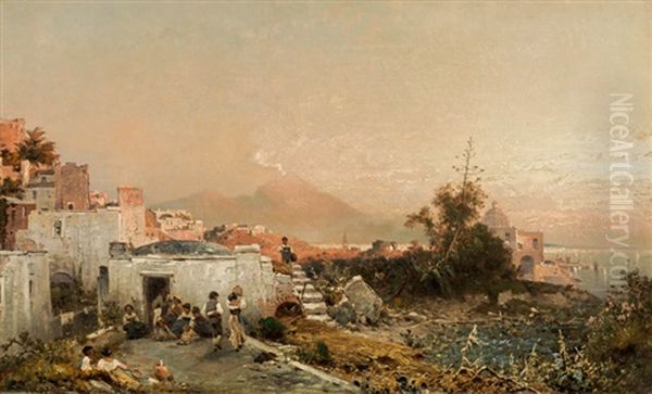 The Bay Of Naples With Vesuvius In The Background Oil Painting by Franz Richard Unterberger