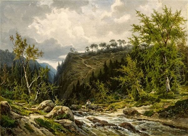 Mountain Stream In The Alps Oil Painting by Franz Richard Unterberger