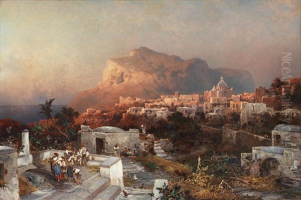 View Of Capri With An Artist Sketching In The Foreground Oil Painting by Franz Richard Unterberger