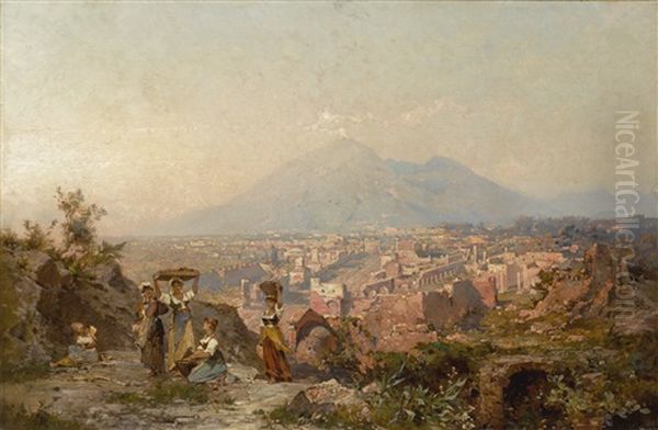 Maidens On A Hill Overlooking Pompeii, Vesuvius Beyond Oil Painting by Franz Richard Unterberger