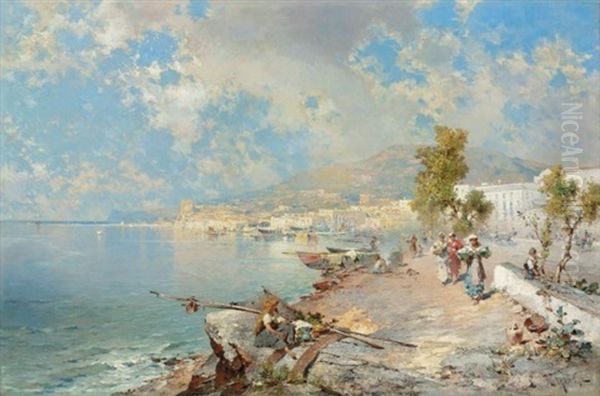 A View Of The Gulf Of Naples Oil Painting by Franz Richard Unterberger