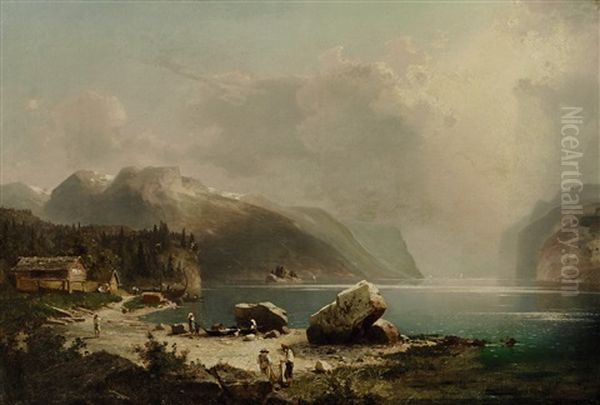 Fischer Am Hardangerfjord In Norwegen Oil Painting by Franz Richard Unterberger