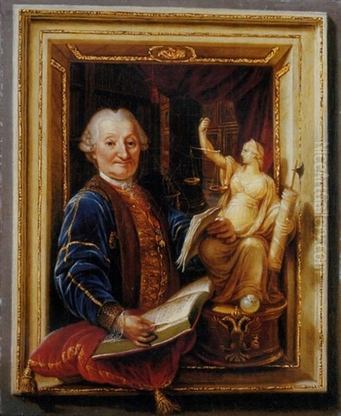 Portrait Of Wenzel Anton, Furst Von Kaunitz, Resting His Right Hand On An Open Book And His Left On A Statue Of Justice, A Library Beyond Oil Painting by Ignaz Unterberger