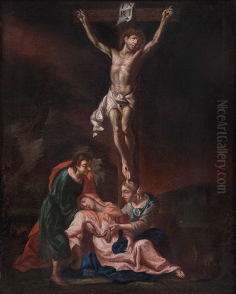 Christus Am Kreuz Mit Hl. Johannes Und Hl. Magdalena, Welche Die Ohnmachtige Gottesmutter Stutzen Oil Painting by Michelangelo Unterberger