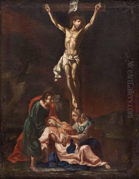 Christus Am Kreuz Mit Hl. Johannes Und Hl. Magdalena, Welche Die Ohnmachtige Gottesmutter Stutzen Oil Painting by Michelangelo Unterberger